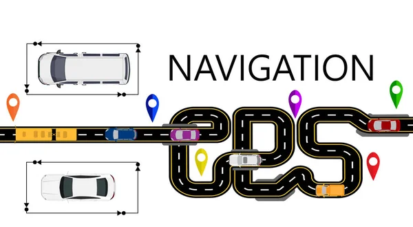Дорога, машины, штурвал. Шоссе стилизовано под надписью GPS-навигатор. Изолированная иллюстрация — стоковый вектор