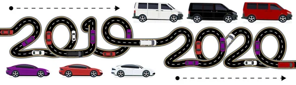2019-2020. symbolizuje přechod na nový rok. Je zobrazen pohyb automobilů. Silnice s označením stylizovaným nápisem. ilustrace — Stockový vektor