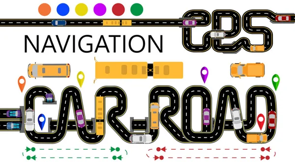 Straßen, Autos, Navigationsgeräte. Die Autobahn stilisiert sich unter der Aufschrift GPS-Navigator und Autostraße. Fahrtrichtung. Vereinzelte Illustration — Stockvektor