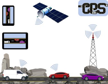 GPS navigasyon. Road, karayolları boyunca kayalar, arabalar, uydu, navigasyon cihazları, kule. Araba ile seyahat. illüstrasyon