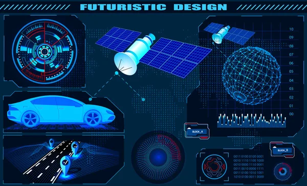 Interface gráfica futurista, navegação GPS do carro de satélite, projeto hud, holograma globo. Ilustração — Vetor de Stock