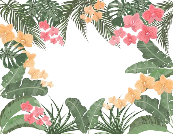 Tropische bladeren van banaan, kokosnoot, Monstera en Ogawa, roze orchidee in pastel kleuren. Plaats voor reclame, reclame. Illustratie — Stockvector