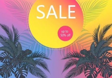 Satışta Flyer. Pastel renklerde tropikal palmiye ağaçları yaprakları. Monstera, Agave, muz. Illüstrasyon