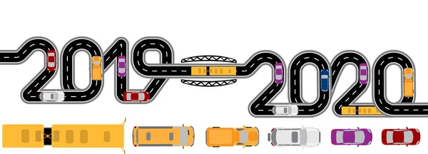 2019-2020 - новий рік. Автомобілі, мікроавтобуси, автобуси та вантажівки. Дорога з маркуванням стилізована напис. ілюстрація — стоковий вектор