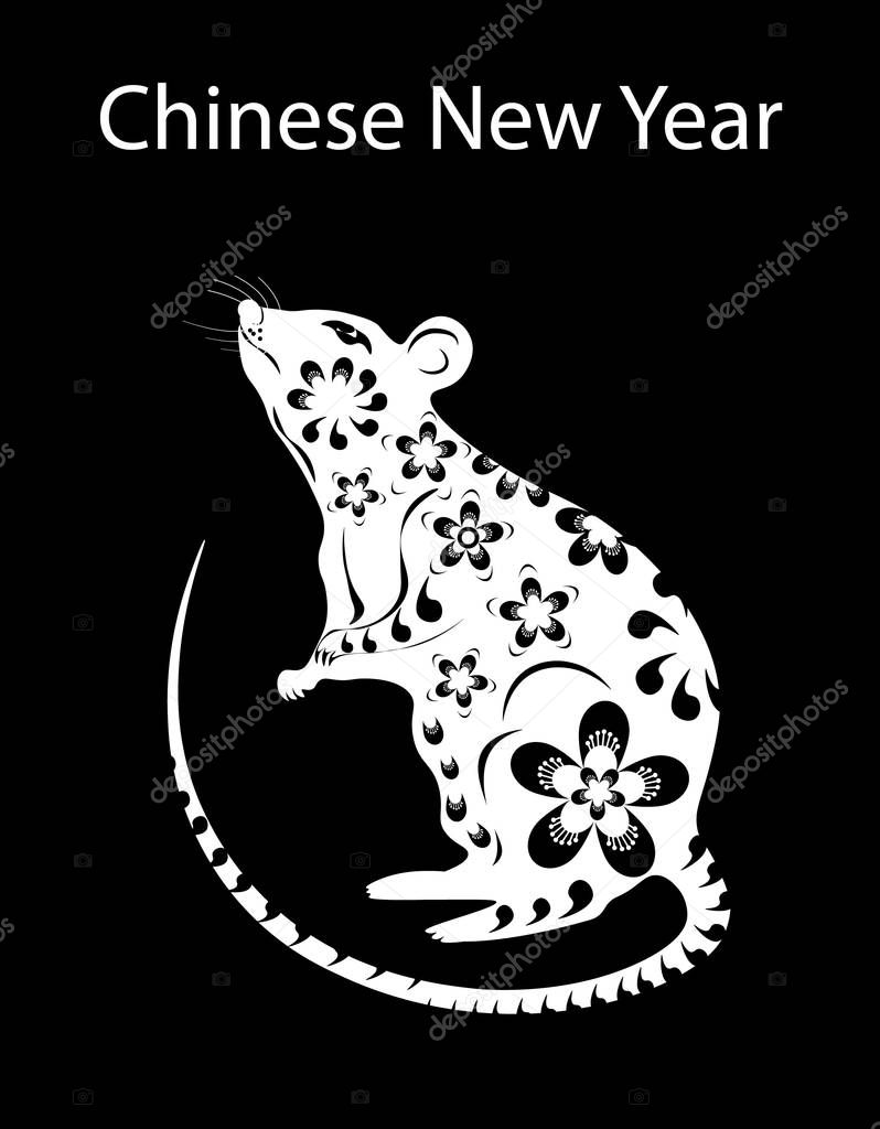 The white metal rat is the symbol of the Chinese New Year 2020. Decorated with patterns and flowers. Vector illustration