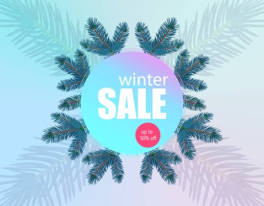 Kış satış afişi, el ilanı. Bir daire içinde köknar dalları arka plan. Illüstrasyon