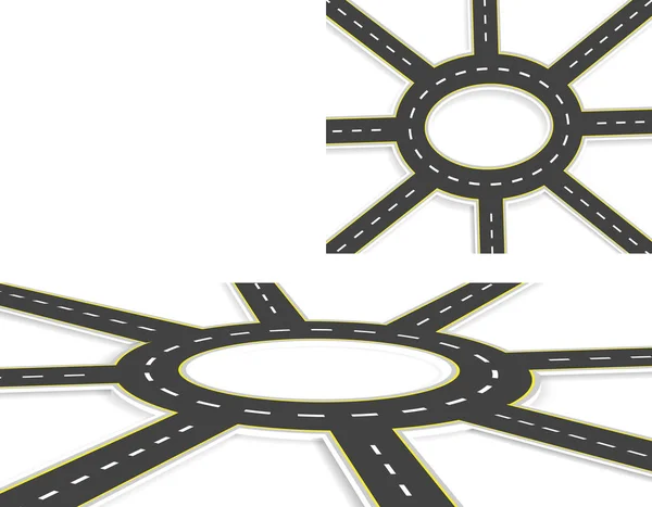 6개의 도로, 고속도로, 원형 교차로, 상단 뷰 및 그림자가 있는 원근뷰. 각도에서 동일한 마킹을 가진 2차선 도로. 그림 — 스톡 벡터