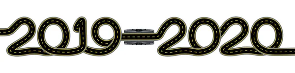 2019-2020. Symbolizuje Nový rok. Silnice se značkou a mostem je stylizovaná jako nápis. ilustrace — Stockový vektor
