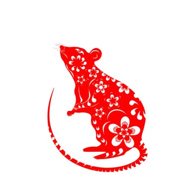 Fare, Çin Yeni Yılı 'nın bir sembolü. Kırmızı desenler ve çiçeklerle süslenmiş. resimleme