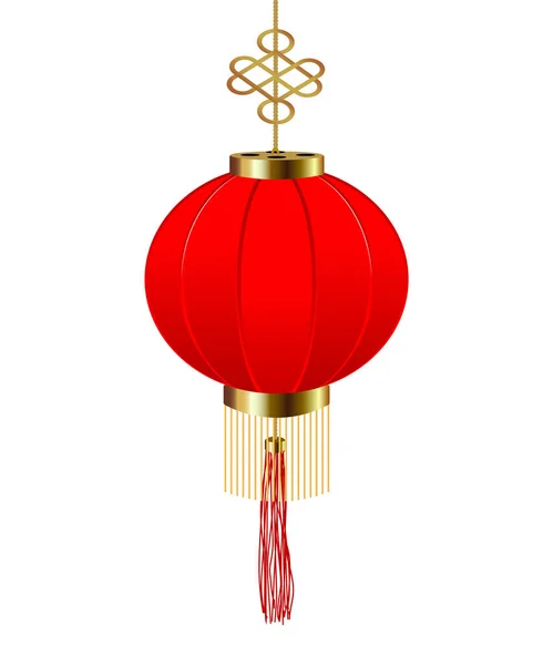 Kinesiska nyåret. Papper Röd rund kinesisk lykta med guldfälgar. Isolerad illustration — Stock vektor