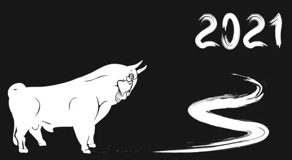 新年快乐。一头公牛的白色轮廓。月亮星座的标志。图例 — 图库矢量图片