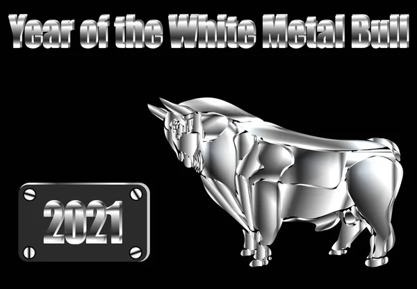 Inscription 2021 year of the white metal bull. Šťastný Nový rok. Ocelová silueta. Lunární horoskop. ilustrace — Stockový vektor