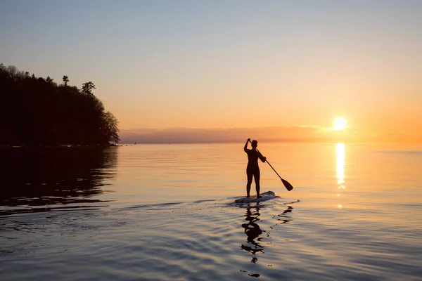 Chica Aventurera Una Tabla Paddle Acolchado Durante Una Puesta Sol — Foto de Stock