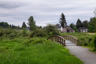 Ahşap köprü üzerinden bir nehir. Willband Creek Park, Abbotsford, Britanya Kolumbiyası, Kanada alınan.