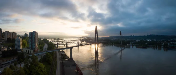 Vista Panorámica Aérea Del Río Fraser Los Puentes Durante Vibrante — Foto de Stock