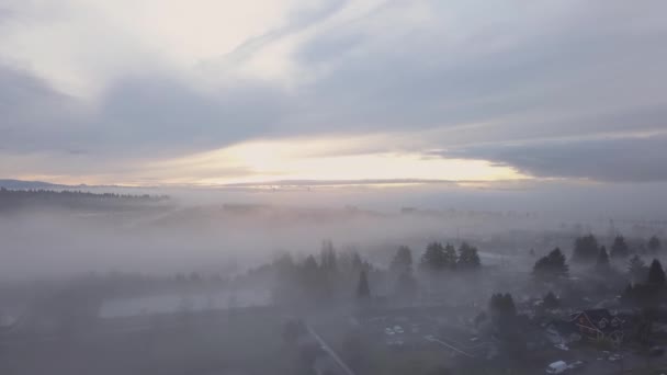霧の冬の日の出の間に郊外の空撮 新しいウエストミン スターより大きいバンクーバー ブリティッシュ コロンビア州 カナダでの撮影 — ストック動画