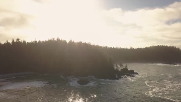 活気に満ちた冬の日の出の間に太平洋海岸の美しい海の風景の空撮 トフィーノとユキュレットにあるバンクーバー島 ブリティッシュ コロンビア州 カナダの近くに撮影 — ストック動画