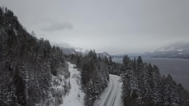 Letecký Pohled Sněhu Zahrnuty Silnice Kolem Jezera Kootenay Zimním Období — Stock video