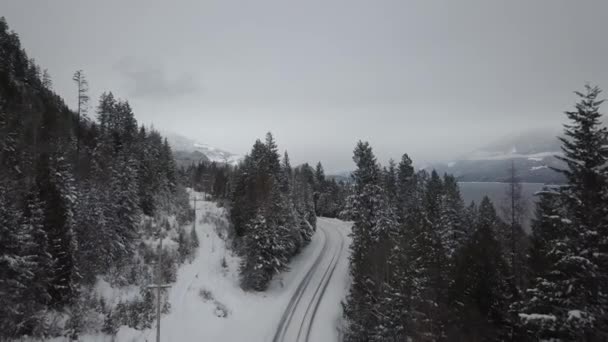 Vista Aérea Carretera Cubierta Nieve Que Pasa Por Lago Kootenay — Vídeos de Stock