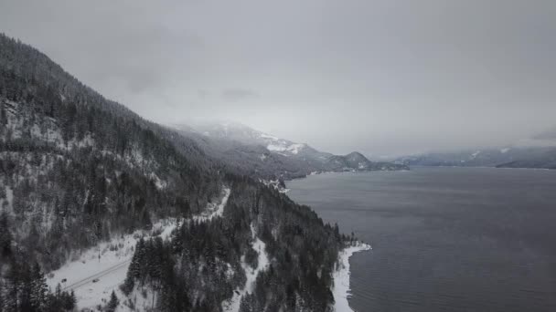 雪の空撮では クートネー湖で冬の間を通る道路を覆われています ブリティッシュ コロンビア州 カナダのインテリアは — ストック動画