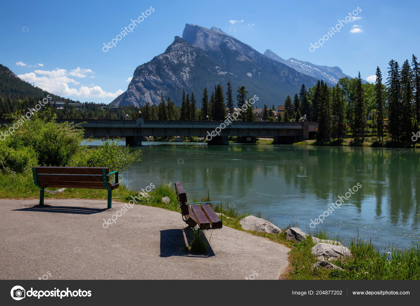 View Benches Park Sunny Summer Day Taken Banff Alberta Canada