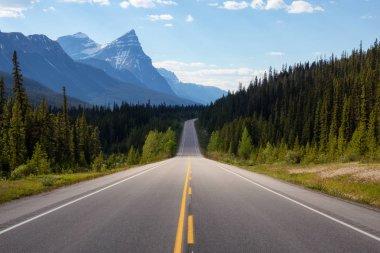 Güneşli bir yaz gününde Kanada Kayalıkları 'nda manzaralı bir yol. Icefields Parkway, Banff Ulusal Parkı, Alberta, Kanada.