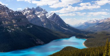 Peyto Gölü bir dağın tepesinden canlı bir güneşli gün boyunca izlendi. Icefields Parkway, Banff National Park, Alberta, Kanada içinde alınan.