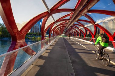 Barış Köprüsü canlı yaz gün doğumu sırasında Bow Nehri boyunca. Calgary, Alberta, Kanada alınan.