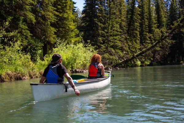 Couple Adventurous Friends Canoeing River Surrounded Canadian Nature Taken Vermilion — Stock Photo, Image