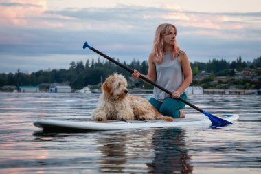 Canlı bir yaz günbatımında köpekli bir kız. Deep Cove 'da çekildi, Kuzey Vancouver, BC, Kanada.