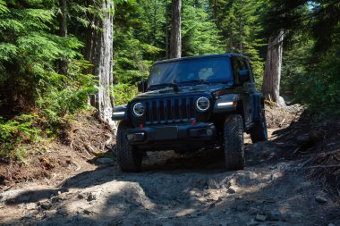 Misyonu, British Columbia, Kanada - 6 Ağustos 2018: Jeep Rubicon dağlık ve engebeli arazi göle biniyor.