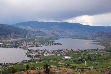 Çiftlik topraklarda bir bulutlu yaz gün boyunca görüntüleyin. Osoyoos, British Columbia, Kanada alınan.