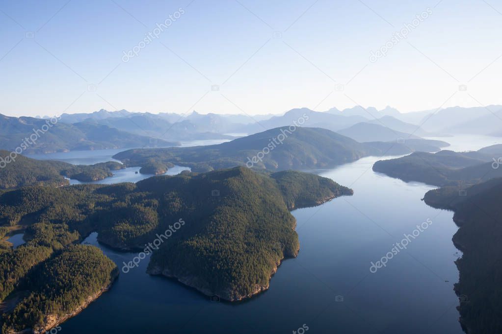 Aerial view of Nelson Island during a sunny summer day. Taken in Sunshine Coast, BC, Canada.