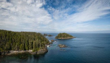 Bir canlı yaz günü sırasında kayalık kıyılarının hava panoramik manzara. Kuzey Vancouver Adası, British Columbia, Kanada'da alınan.
