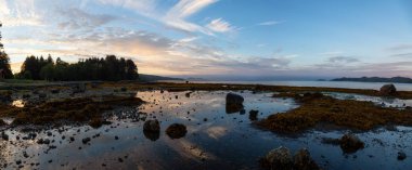 Güzel panoramik bir canlı bulutlu yaz gün batımı sırasında kayalık bir plaj. Port Hardy, Kuzey Vancouver Adası, Bc, Kanada alınan.