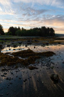 Güzel manzarası kayalık Beach canlı bulutlu yaz gün batımı sırasında. Port Hardy, Kuzey Vancouver Adası, Bc, Kanada alınan.