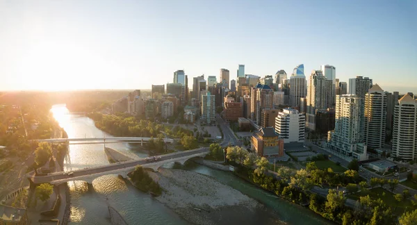 Aerial Panoramic View Beautiful Modern Cityscape Vibrant Sunny Sunrise Taken — Stock Photo, Image