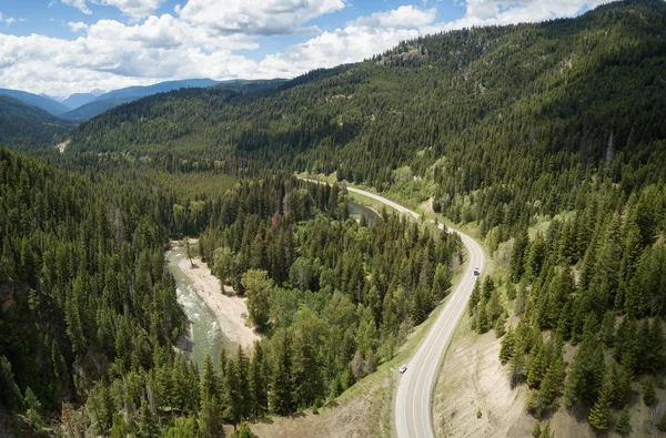 Aerial Panoramic View Scenic Road Going Valley Surrounded Beautiful Canadian — Stock Photo, Image