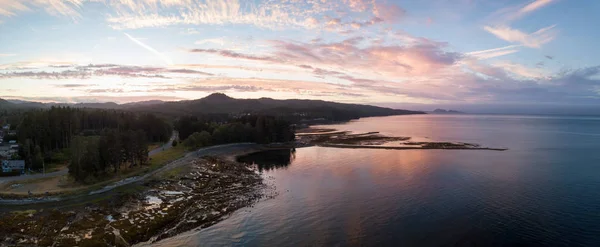 Panoramisch Luchtfoto Van Een Klein Stadje Port Hardy Tijdens Een — Stockfoto