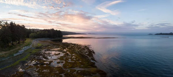 Aerial Panoramic View Small Town Port Hardy Cloudy Summer Sunset — Stock Photo, Image