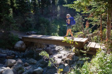Doğada bir iz üzerinde bir canlı güneşli yaz gün boyunca hiking kız. Garibaldi Provincial Park, Whistler ve Squamish, Kuzey Vancouver, Bc, Kanada yakınında yer almış.