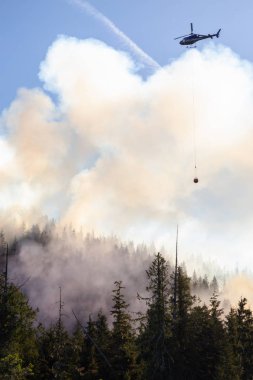 M.ö. Orman mücadele helikopter sıcak güneşli yaz gün boyunca ateşler. Bağlantı noktası Alice, Kuzey Vancouver Adası, British Columbia, Kanada alınan.