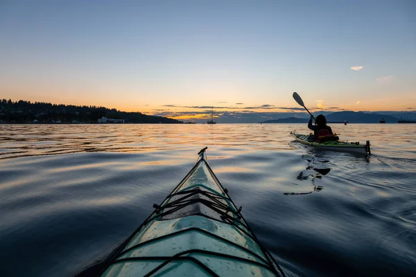 Girl Sea Kayaking Vibrant Sunny Summer Sunset Taken Vancouver Canada — Stock Photo, Image