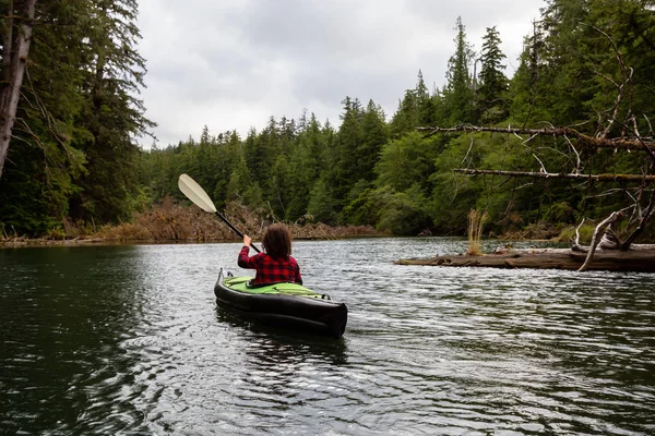 Girl Kayaking River Cloudy Summer Day Taken Cape Scott Provincial — Stock Photo, Image