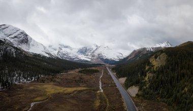 Hava panoramik manzaralı bir bulutlu gün boyunca Kanada Rocky Dağları ile çevrili bir buzul Gölü. Jasper, Alberta, Kanada alınan.