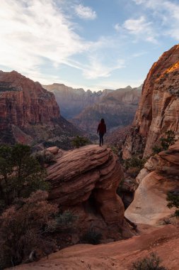 Bir uçurumun kenarında, maceracı kız güzel manzaralı Kanyon canlı bir gün batımı sırasında bakıyor. Zion National Park, Utah, Amerika Birleşik Devletleri'nde çekilen.