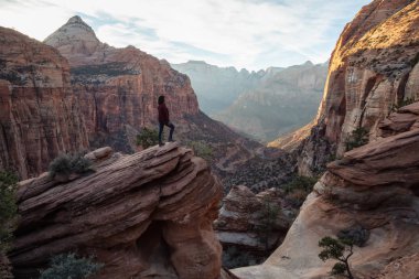 Bir uçurumun kenarında, maceracı kız güzel manzaralı Kanyon canlı bir gün batımı sırasında bakıyor. Zion National Park, Utah, Amerika Birleşik Devletleri'nde çekilen.