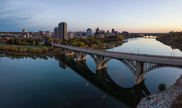 Aerial Panoramic View Bridge Going Saskatchewan River Vibrant Sunrise Fall — Stock Photo, Image