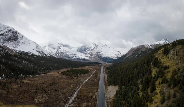 Hava panoramik manzaralı bir bulutlu gün boyunca Kanada Rocky Dağları ile çevrili bir buzul Gölü. Jasper, Alberta, Kanada alınan.