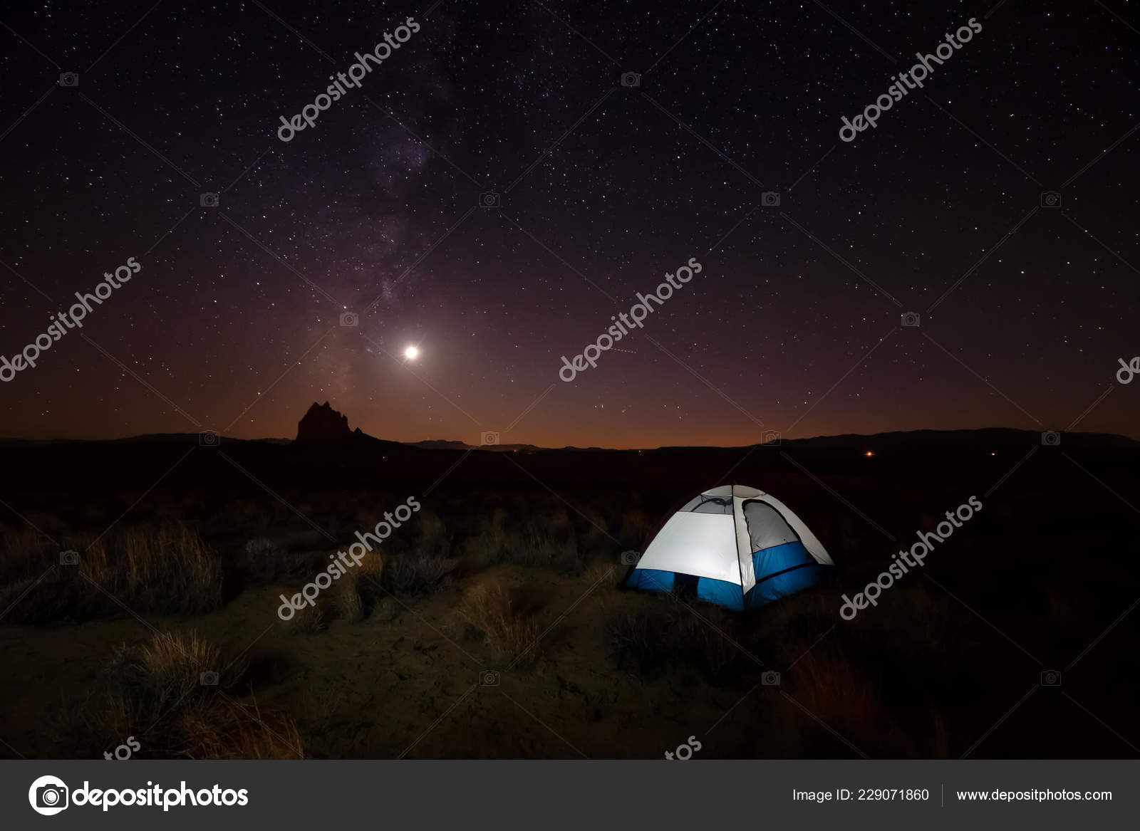 Lit Tent Desert Mountain Peak Background Clear Night Sky Sunset Stock Photo Image By C Edb3 16 229071860